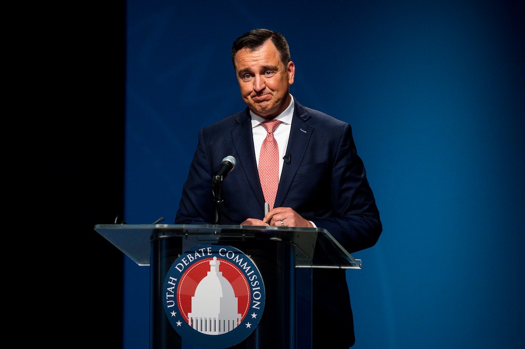 (Ivy Ceballo | Deseret News, pool) Former House Speaker Greg Hughes pauses during the Utah Gubernatorial Republican Primary Debate at the PBS Utah studio at the University of Utah in Salt Lake City on Monday, June 1, 2020.