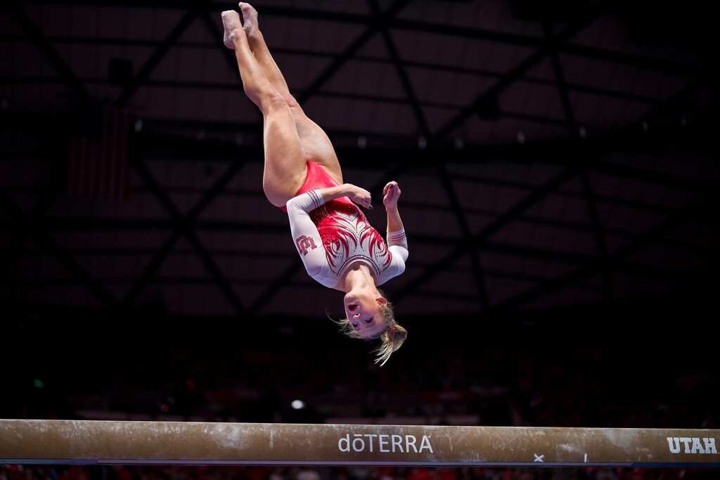 (Trent Nelson  |  The Salt Lake Tribune) Abby Paulson scores 9.975 on beam as Utah hosts Arizona State, NCAA gymnastics at the Huntsman Center in Salt Lake City on Friday, Jan. 26, 2024.