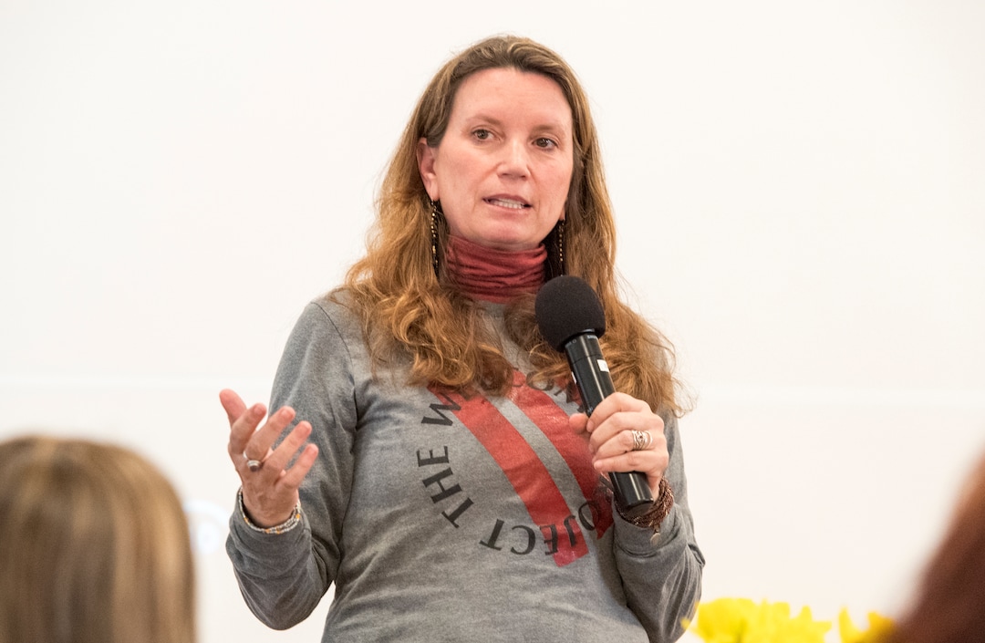 (Rick Egan  |  The Salt Lake Tribune)       Keynote speaker and author, the Rev. Becca Stevens gives a presentation during the "Love Heals" forum on sex trafficking at St. Mark's Cathedral, Friday, March 23, 2018.