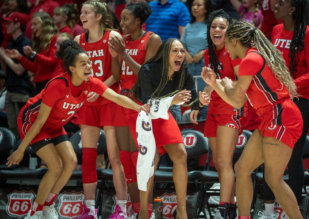 (Rick Egan | The Salt Lake Tribune) Utah Utes guard Lani White (3) and Utah Utes forward Dasia Young (34) celebrate their 84-78 win over the Stanford Cardinals, in PAC-12 action between the Utah Utes and the Stanford Cardinals, at the Jon M. Huntsman Center, on Saturday, Feb. 25, 2023.