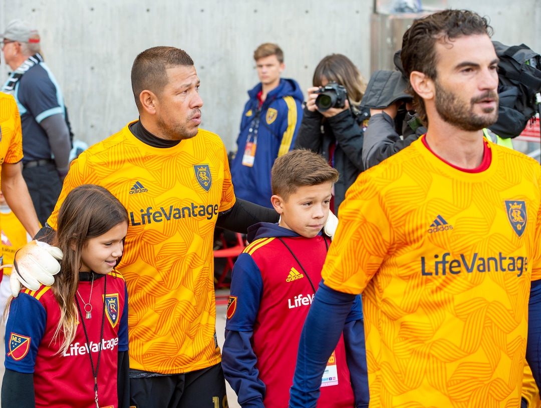 (Rick Egan  |  The Salt Lake Tribune)      Real Salt Lake goalkeeper Nick Rimando (18) enters the field with his kids Benny and Jet Rimando for his last game for Real Salt Lake, between Real Salt Lake and Houston Dynamo, at Rio Tinto Stadium, Sunday, Sept. 29, 2019.