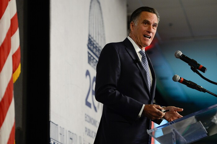 (Francisco Kjolseth  |  The Salt Lake Tribune)  Mitt Romney speaks at the Utah Economic Outlook & Policy Summit 2018, hosted by the Salt Lake Chamber at the Salt Lake City Marriott Downtown at City Creek on Tuesday, Jan. 16, 2018. 