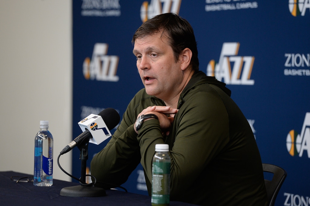 (Francisco Kjolseth  |  The Salt Lake Tribune)  Jazz General Manager Dennis Lindsey begins the team's season-ending press availability  followed by the coach and players at the team practice facility on Thursday, April 25. 2019.