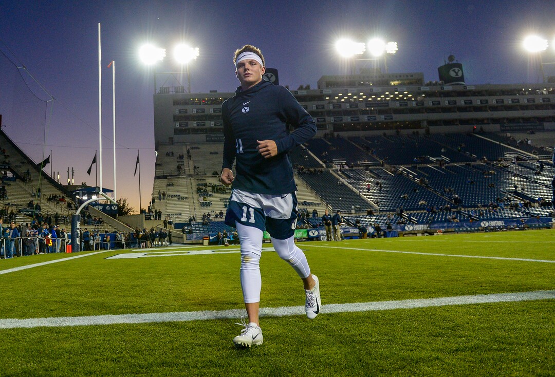 Leah Hogsten  |  The Salt Lake Tribune BYU freshman quarterback Zach Wilson makes his first college start as Brigham Young University hosts Hawaii at Lavell Edwards Stadium in Provo, Saturday Oct. 13, 2018. Wilson, at 19 years and 2 months, is the youngest quarterback ever to start for the Cougars.