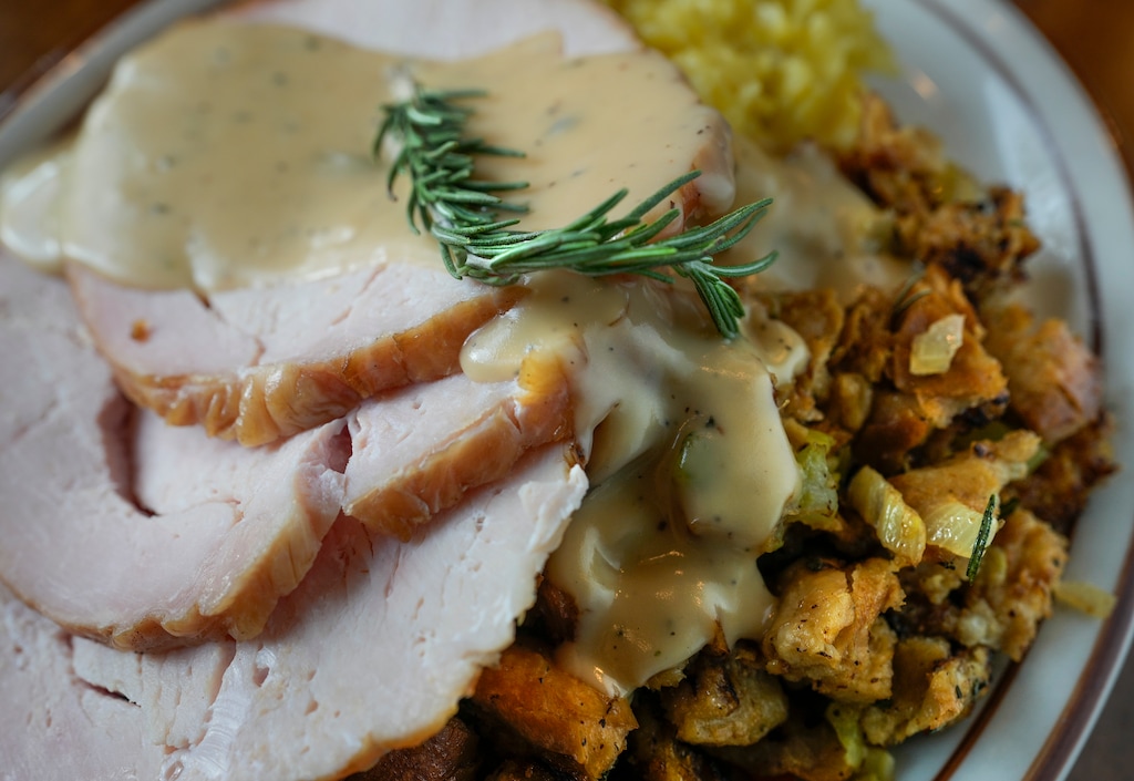 (Leah Hogsten | The Salt Lake Tribune) Hub & Spoke Diner's Thanksgiving Day Buffet on Thursday, Nov. 25, 2021, will include their classic dishes as well as roasted turkey with turkey gravy, a gluten-free stuffing, mashed potatoes, sautéed green beans, candied yams, cranberry sauce, rolls, fresh fruit and a house salad.