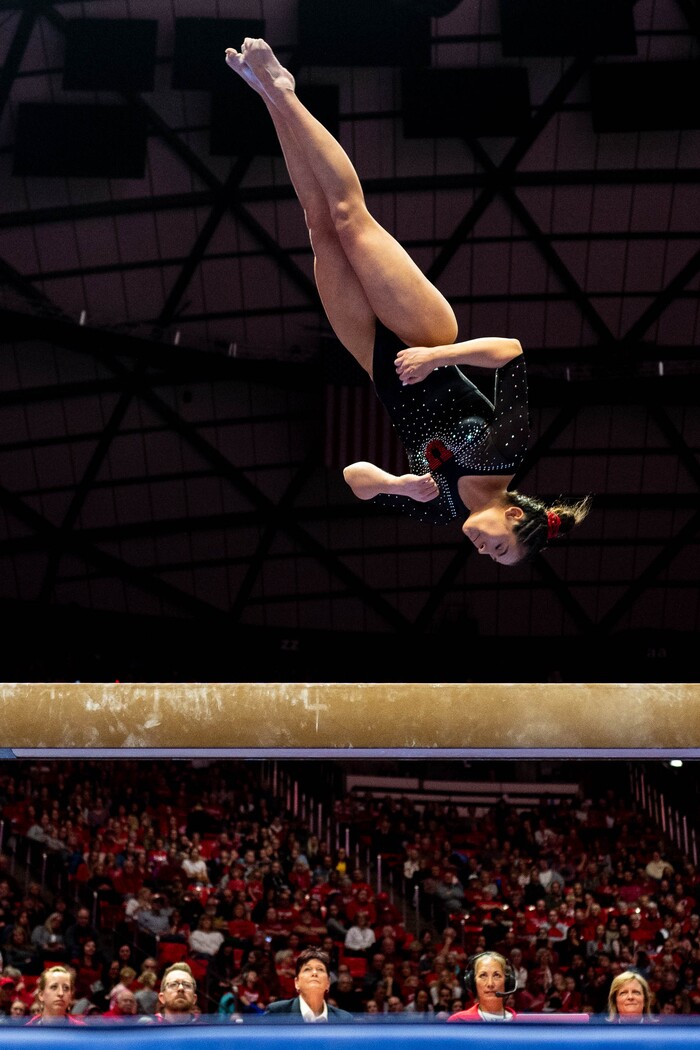 (Trent Nelson  |  The Salt Lake Tribune) Alexia Burch on the beam as the University of Utah hosts Arizona State, NCAA gymnastics in Salt Lake City on Friday, Jan. 24, 2020.