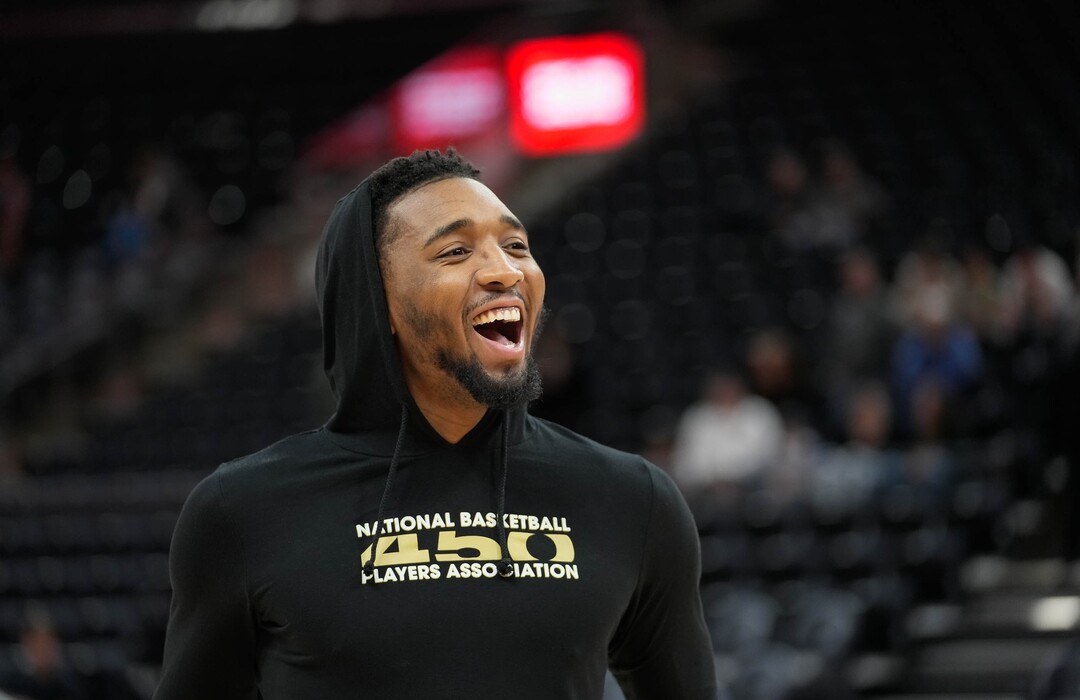 (Francisco Kjolseth  |  The Salt Lake Tribune) Former Utah Jazz player Donovan Mitchell sees old friends as he returns to Utah for the Jazz Cavaliers game at the Delta Center in Salt Lake City on Tuesday, April 2, 2024.