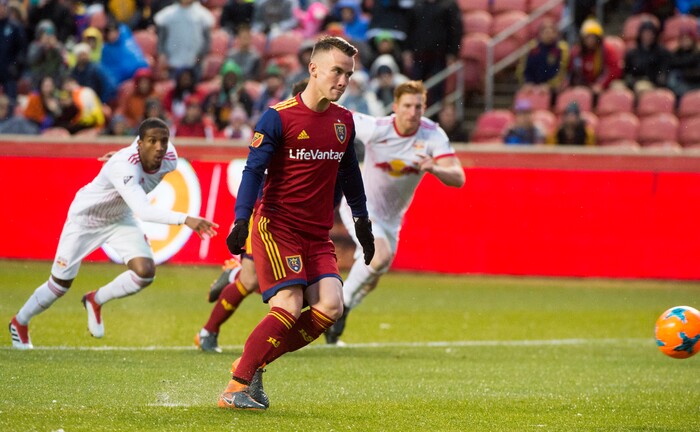 (Rick Egan  |  The Salt Lake Tribune)    Real midfielder Albert Rusnak (11) kicks Salt Lake's only goal on a penalty kick in MLS action between Real Salt Lake and New York Red Bulls at Rio Tinto Stadium, Saturday, March 17, 2018.


