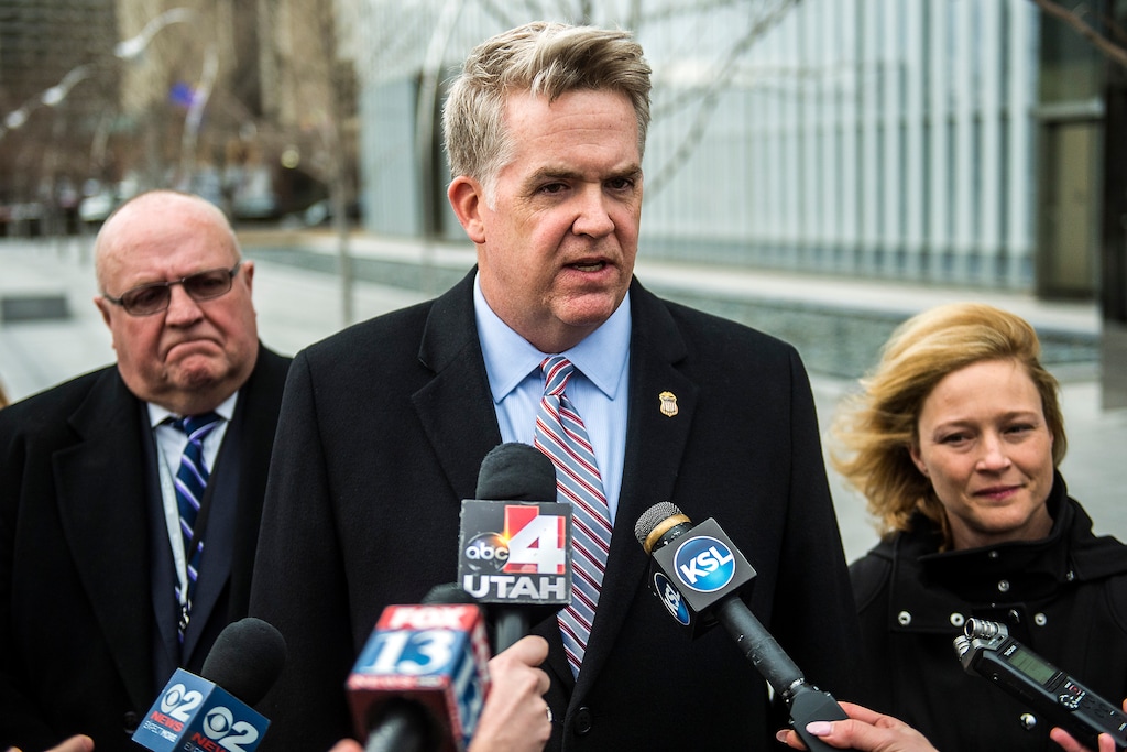 (Chris Detrick  |  Tribune file photo)
U.S. Attorney of Utah John Huber speaks outside of the federal courthouse in Salt Lake City in 2017.