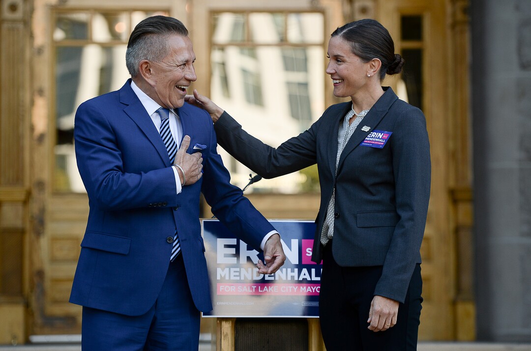(Francisco Kjolseth  |  The Salt Lake Tribune)  Salt Lake City Councilwoman Erin Mendenhall announces an endorsement from former opponent David Ibarra as they gather on the West steps of the Salt Lake City and County Building on Thursday, Oct. 3, 2019.