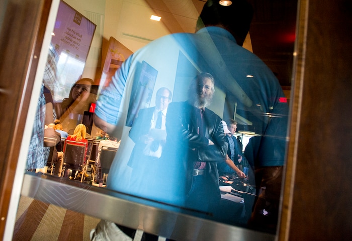 (Leah Hogsten | The Salt Lake Tribune) Ron Mortensen, a longtime Utah anti-illegal immigration activist and fellow at the Center for Immigration Studies, awaits for the Utah Republican Party Central Committee's Executive Committee to end their closed door meeting. The Utah Republican Party Central Committee meets Saturday, May 19, 2018, to elect a new party vice chairman and debate several potential bylaw changes.