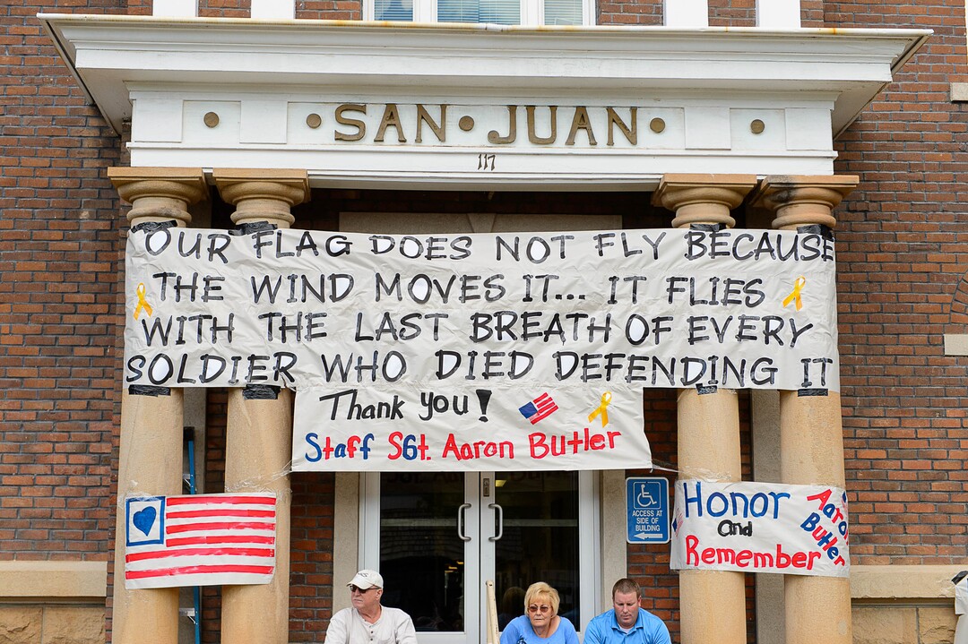 (Trent Nelson | The Salt Lake Tribune)  Banners on Main Street in Monticello to honor the motorcade of fallen soldier Aaron Butler, who was killed last week in Afghanistan, , Thursday August 24, 2017.