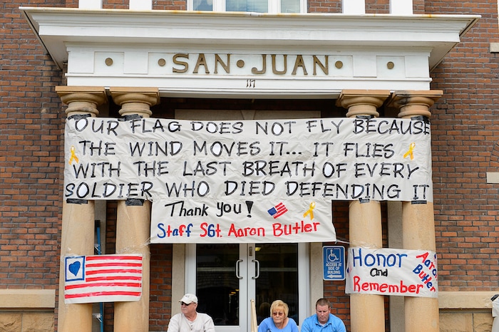 (Trent Nelson | The Salt Lake Tribune)  Banners on Main Street in Monticello to honor the motorcade of fallen soldier Aaron Butler, who was killed last week in Afghanistan, , Thursday August 24, 2017.