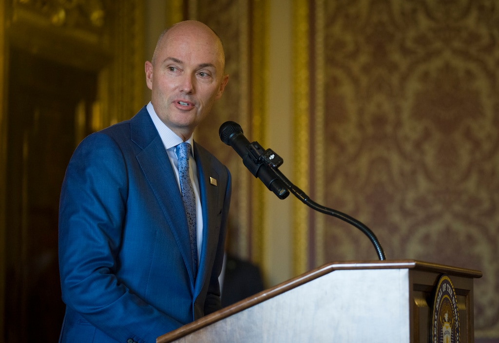 (Bethany Baker | The Salt Lake Tribune) Gov. Spencer Cox speaks during a news conference at the Capitol in Salt Lake City on Friday, Aug. 28, 2026. He and other Republican governors are joining their Democratic counterparts urging the federal government to put guardrails on AI development.