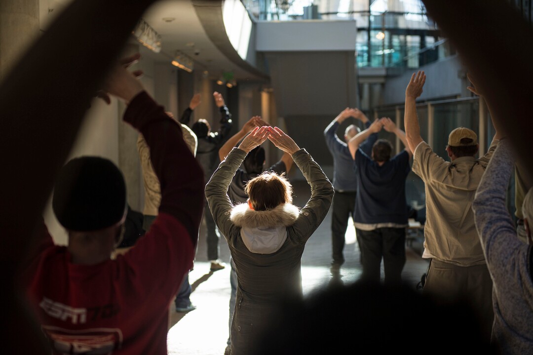 Lennie Mahler  |  The Salt Lake TribuneA group of homeless people practice tai chi at the Salt Lake City Public Library, Thursday, March 2, 2017.