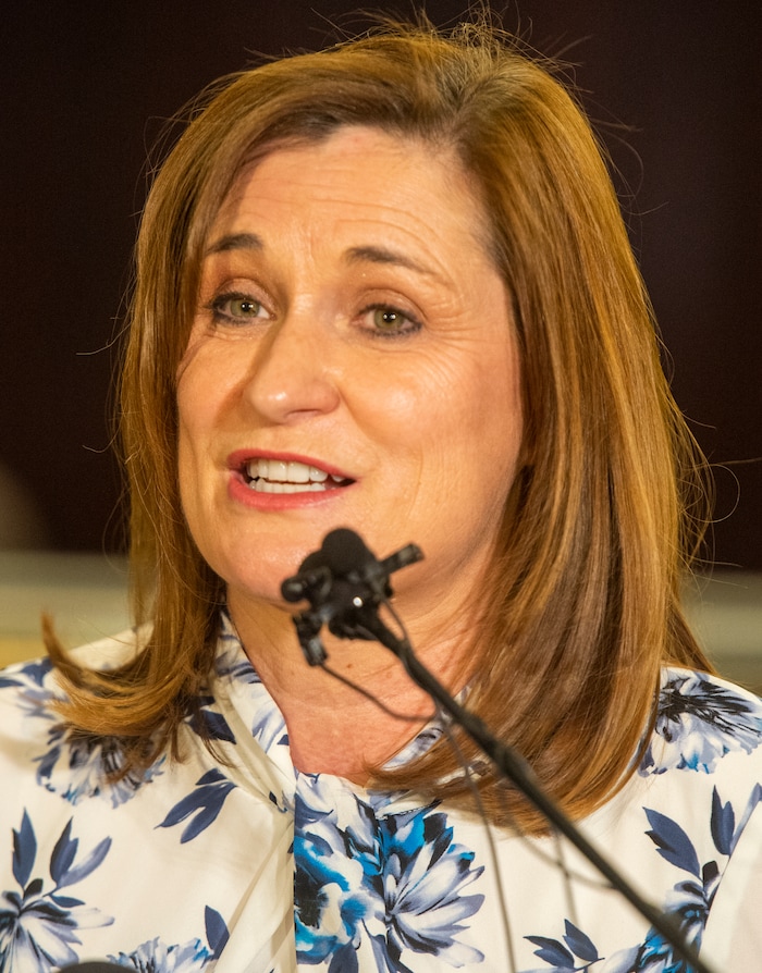 (Rick Egan  |  The Salt Lake Tribune)    New Salt Lake County Mayor Jenny Wilson answers questions from the media, after being sworn in as the new Salt Lake County Mayor, Tuesday, Jan. 29, 2019.