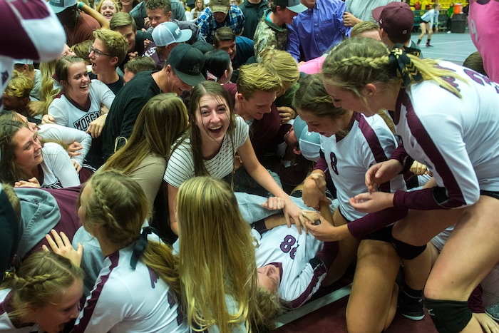 (Chris Detrick  |  The Salt Lake Tribune)  Morgan students rush the court as the Morgan Trojans celebrate winning the 3A volleyball state championships at the UCCU Center at Utah Valley University Thursday, October 26, 2017.  Morgan defeated North Sanpete 3-0.
