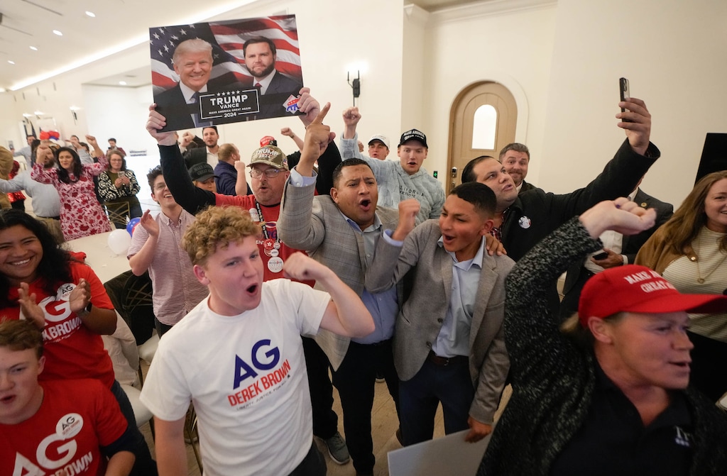 (Francisco Kjolseth  | The Salt Lake Tribune) People celebrate Trump winning the presidency during a GOP election night watch party, Tuesday, Nov. 5, 2024, in Draper.