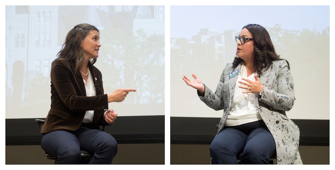 (Jeremy Harmon  |  The Salt Lake Tribune) Salt Lake mayoral candidates Erin Mendenhall and Luz Escamilla participate in a debate on Monday, Oct. 14, 2019.