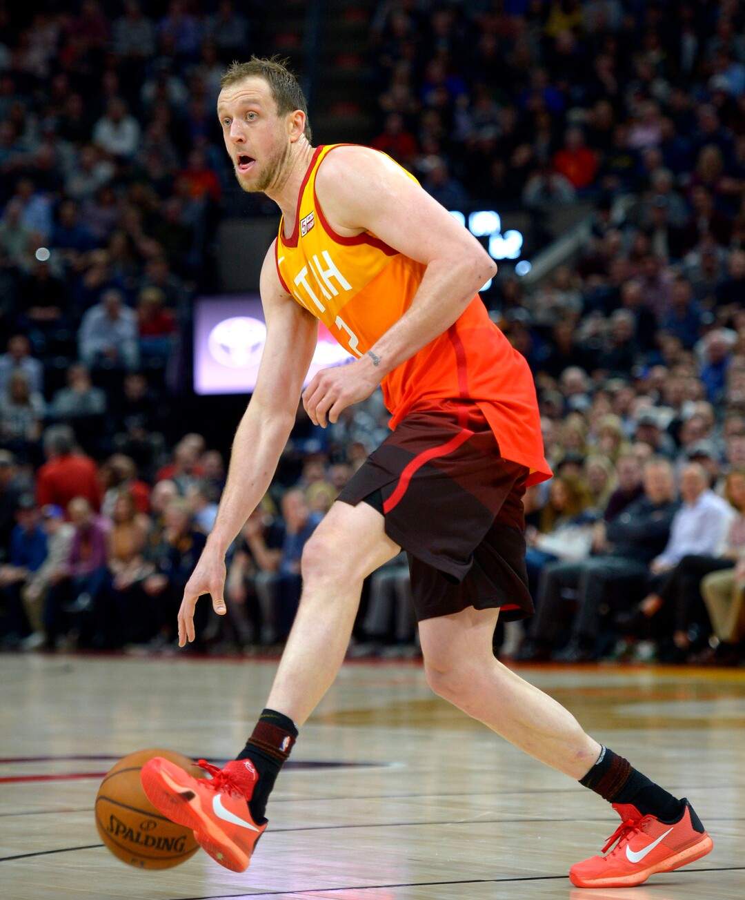 (Steve Griffin  |  The Salt Lake Tribune) Utah Jazz forward Joe Ingles (2) drives up court during the Utah Jazz versus Golden State Warriors at Vivint Smart Home Arena in Salt Lake City Tuesday January 30, 2018.