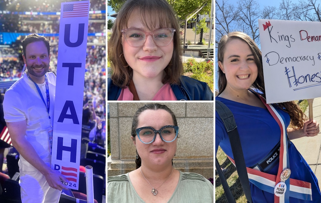 Politically liberal members of The Church of Jesus Christ of Latter-day Saints: Eric Biggart, left; Riley Cooper, middle top; Laine McPherson, middle bottom; Jayden Weekes, right.