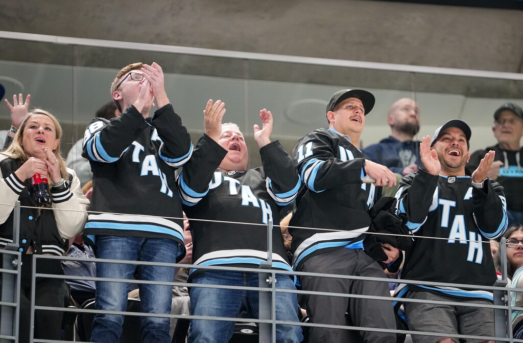 (Chris Samuels | The Salt Lake Tribune) Fans cheer a Utah Hockey Club goal versus the Seattle Kraken at the Delta Center in Salt Lake City, Tuesday, April 8, 2025.