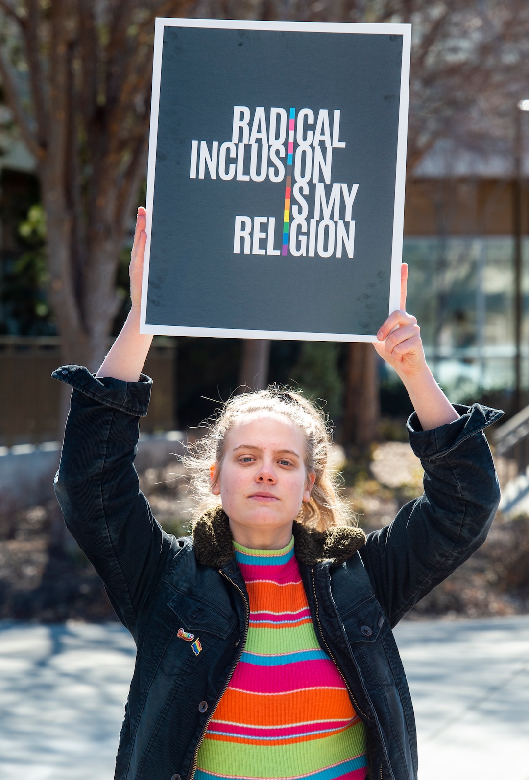 (Rick Egan  |  The Salt Lake Tribune)   Maya Brimhall holds a sign for Rainbow Day on the BYU Campus, Wednesday, Feb. 26, 2020.