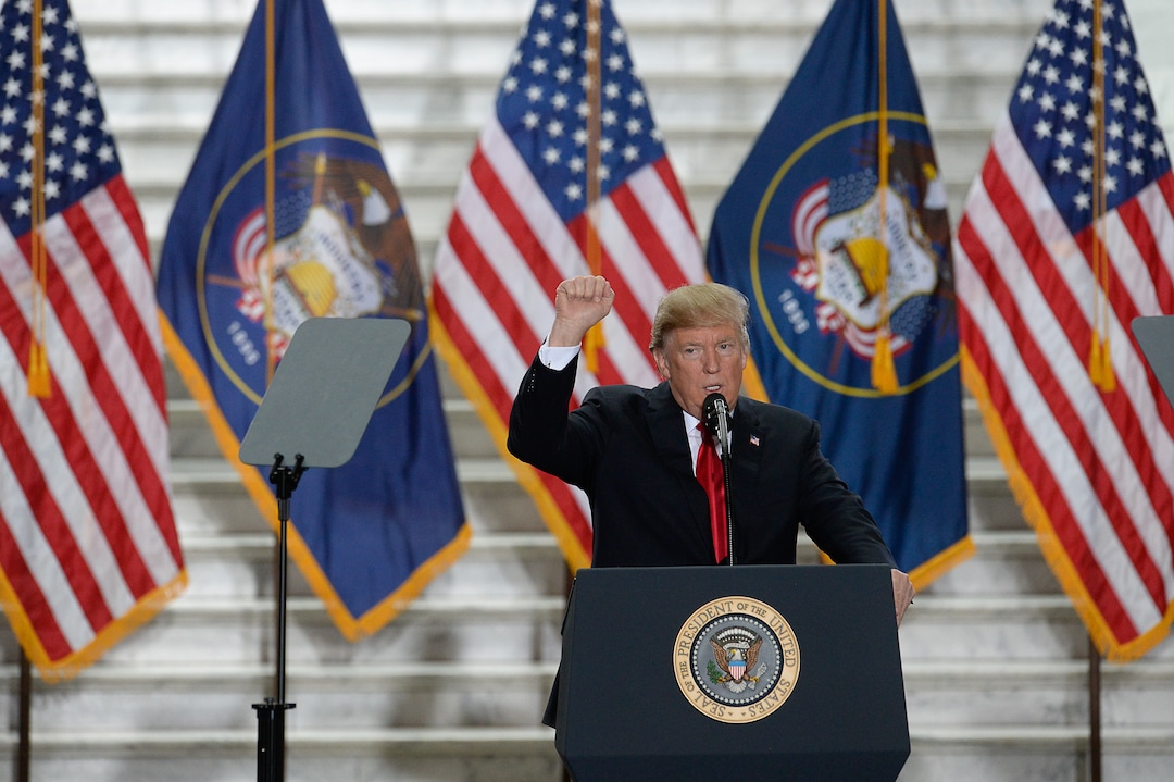 (Francisco Kjolseth  |  The Salt Lake Tribune)  U.S. President Donald Trump takes the stage at the Utah Capitol on Monday, Dec. 4, 2017, to sign a presidential proclamation to shrink Bears Ears and Grand Staircase-Escalante national monuments.