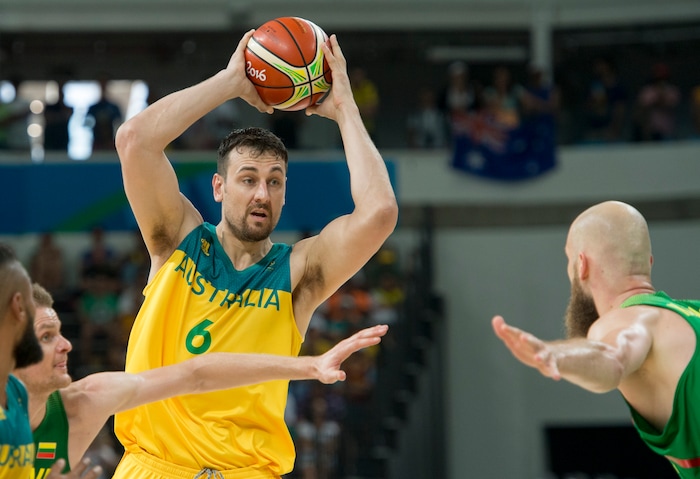 Rick Egan  |  The Salt Lake Tribune
Andrew Bogut (6) of Australia looks to pass, in mens Olympics quarter final basketball action, Australia vs.Lithuania, at Carioca Arena, in Rio de Janeiro, Monday, August 15, 2016.