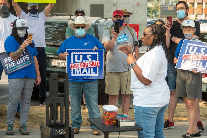 (Rick Egan  |  The Salt Lake Tribune)    Darlene McDonald, speaks to protesters during a rally to "Save the Post Office," hosted by Alliance for a Better Utah, NAACP Salt Lake Branch, League of Women Voters at the Post Office on 200 South in Salt Lake City, Saturday, Aug. 22, 2020.