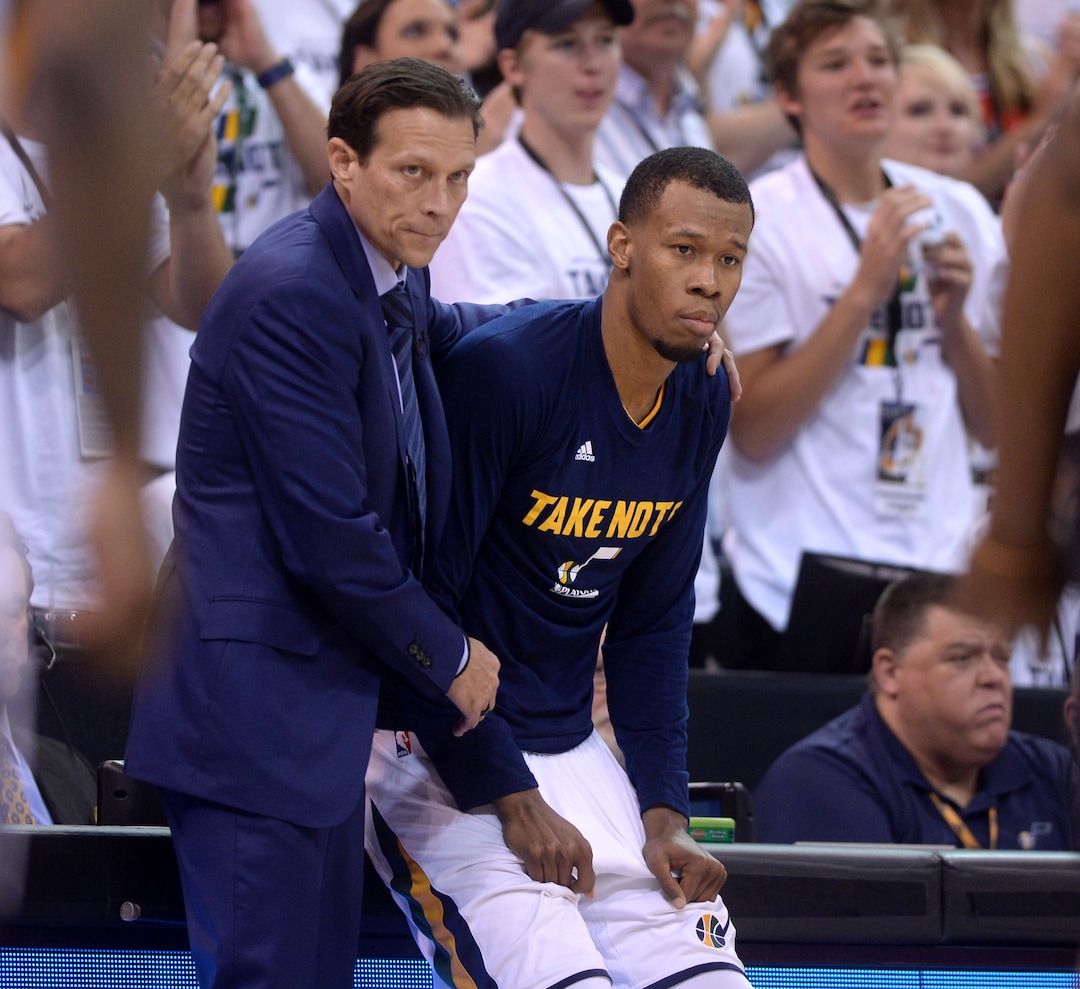 Steve Griffin  |  The Salt Lake TribuneUtah Jazz head coach Quin Snyder gets Utah Jazz guard Rodney Hood (5) ready to enter the game during the Jazz versus Clippers NBA playoff game at Viviint Smart Home arena in Salt Lake City Sunday April 23, 2017.