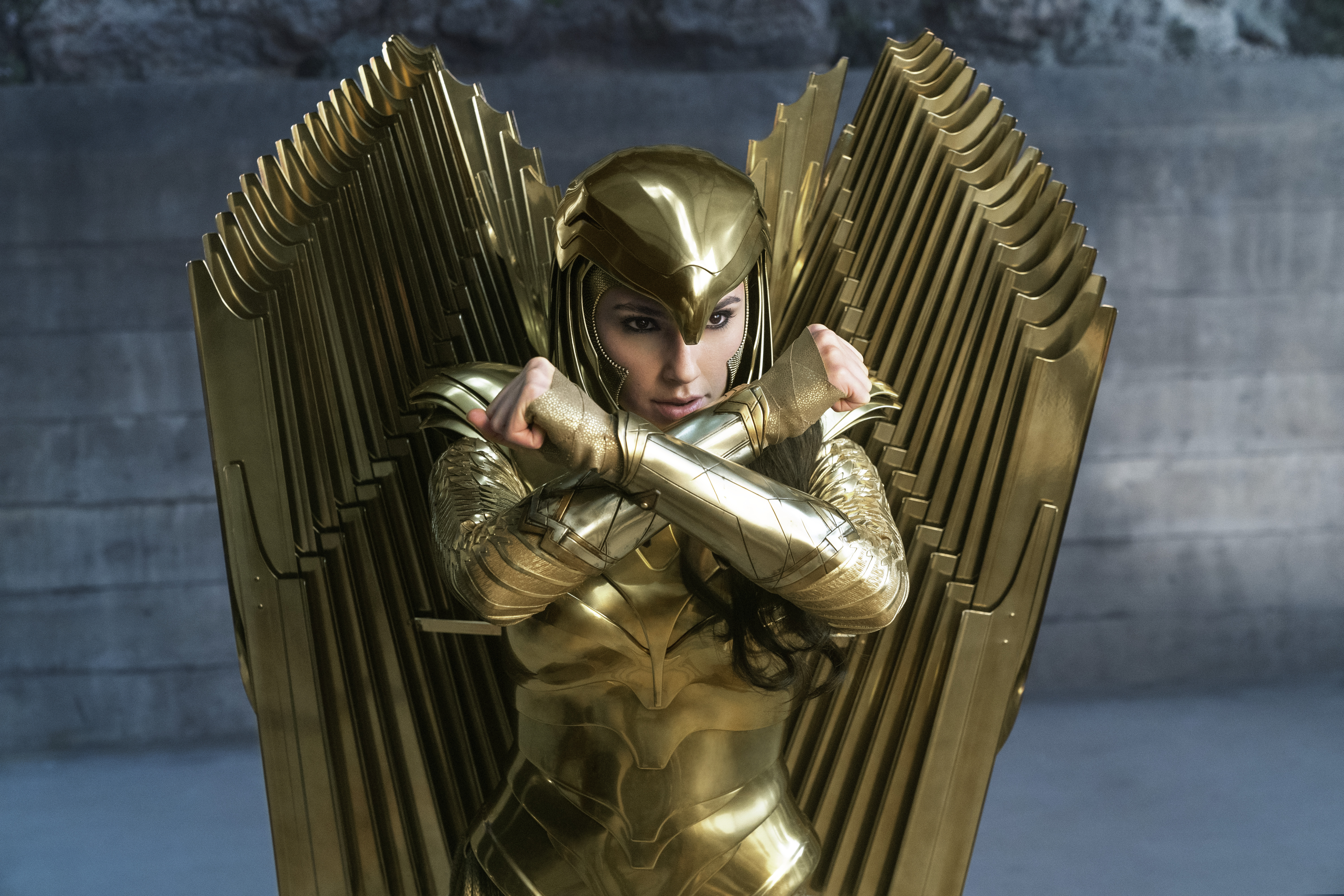 This image released by Warner Bros. Pictures shows Gal Gadot as Wonder Woman in a scene from "Wonder Woman 1984." Following the less-than-stellar theatrical debut of Christopher Nolan’s “Tenet,” Warner Bros. is delaying its next big release, “Wonder Woman 1984,” to Christmas. (Clay Enos/Warner Bros Pictures via AP)