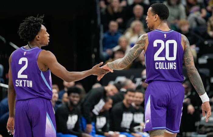 (Francisco Kjolseth  | The Salt Lake Tribune) Utah Jazz guard Collin Sexton (2) and Utah Jazz forward John Collins (20) as the Utah Jazz host the Orlando Magic during NBA basketball at the Delta Center in Salt Lake City on Saturday, February. 1, 2025.