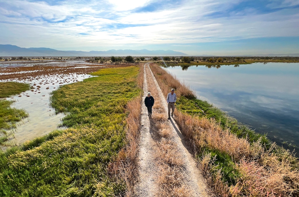 (Francisco Kjolseth | The Salt Lake Tribune) Ella Sorensen, Audubon Gillmor Sanctuary manager, is joined by Jack Ray, President of the Utah Waterfowl Association and chair of the Great Salt Lake Alliance as they tour the Gillmor Sanctuary on the Great Salt Lake's South Shore on Tuesday, Oct. 11, 2022.