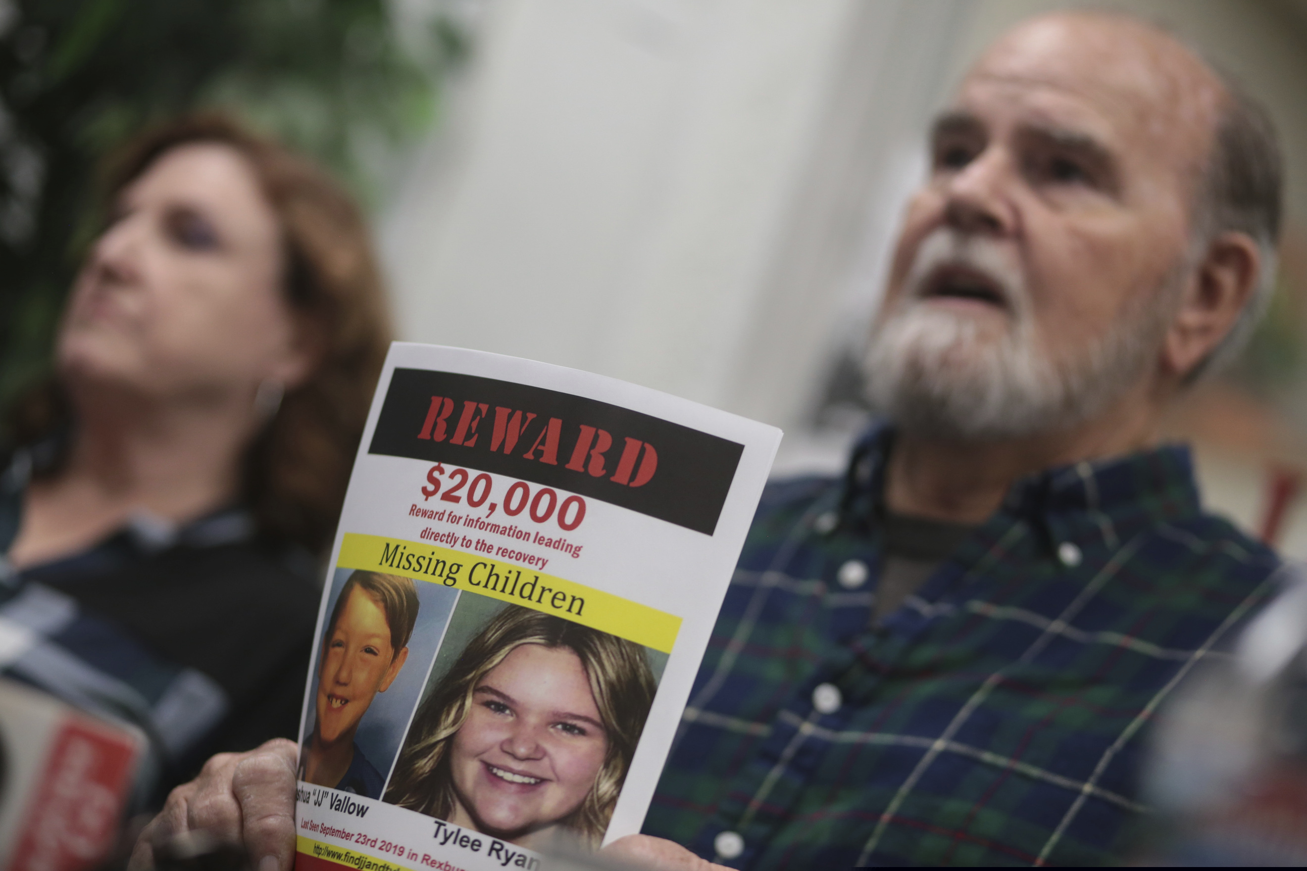 (John Roark | The Idaho Post-Register via AP) Kate and Larry Vallow speak to members of the press at the Rexburg Standard Journal Newspaper in Rexburg, Idaho, Tuesday, Jan. 7, 2020. The Vallow's are offering $20,000 for information that leads to the recovery of Joshua Vallow and Tylee Ryan. Joshua Vallow and Ryan were last seen Sept. 23, 2019.