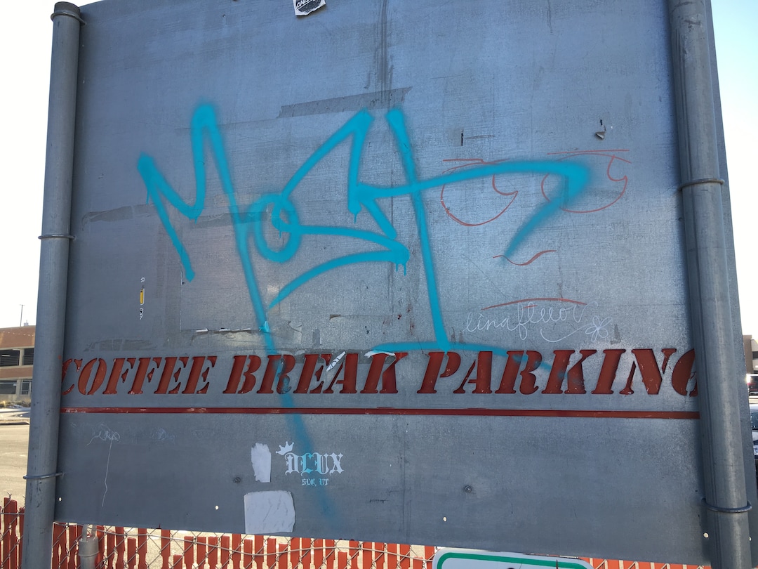A graffiti tribute to Joey Kirk, who was known by his tag MOST, appears in a parking lot near 400 South and Denver St. in Salt Lake City. Kirk was killed by a TRAX train in November 2017.