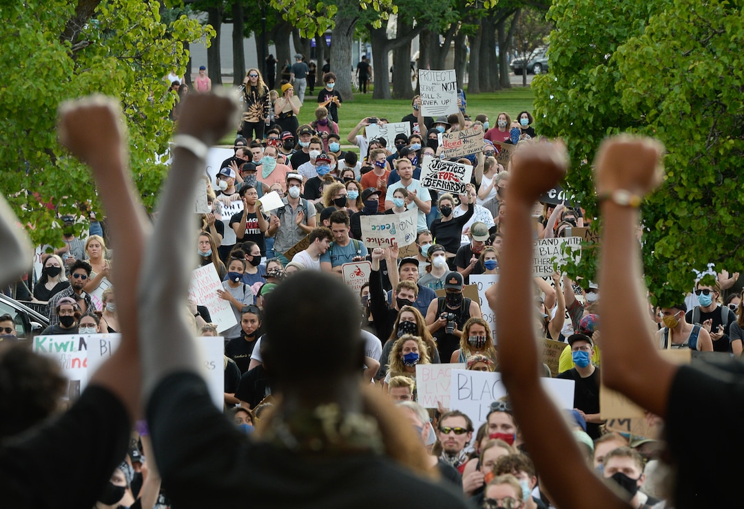 (Francisco Kjolseth  |  The Salt Lake Tribune) Demonstrators protesting against police brutality gather at the Park building at the University of Utah on Wednesday, June 3, 2020, in Salt Lake City, as the initially set 8 p.m. weeklong curfew was removed.