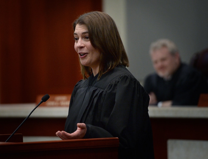 (Scott Sommerdorf   |  The Salt Lake Tribune)   during the Paige Petersen speaks after having been sworn in as the new Utah Supreme Court justice, Friday, January 19, 2018.