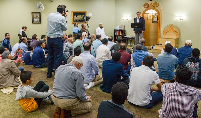 Leah Hogsten  |  The Salt Lake Tribune  Republican U.S. Senate candidate Mitt Romney speaks to members of the Utah Islamic Center, Friday, Oct. 26, 2018.