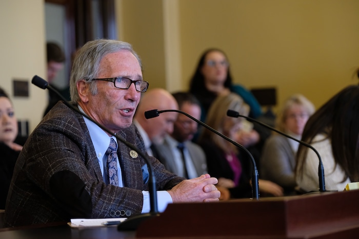 (Francisco Kjolseth  |  The Salt Lake Tribune)  Rep. Gage Froerer, R-Huntsville, presents HB379, which would end the death penalty in Utah, before a packed room in the House Law Enforcement and Criminal Justice Standing Committee on Wednesday, Feb. 21, 2018. 