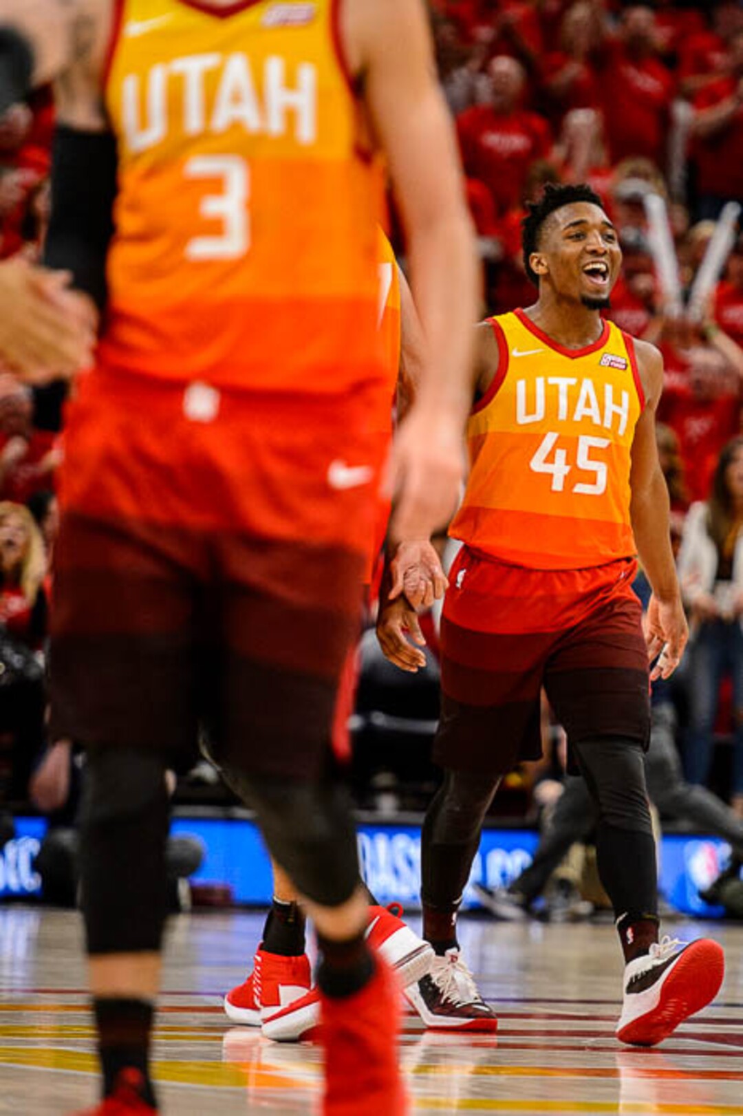 (Trent Nelson | The Salt Lake Tribune)  Utah Jazz host the Oklahoma City Thunder, Game 3, NBA playoff basketball in Salt Lake City, Saturday April 21, 2018. Utah Jazz guard Donovan Mitchell (45).