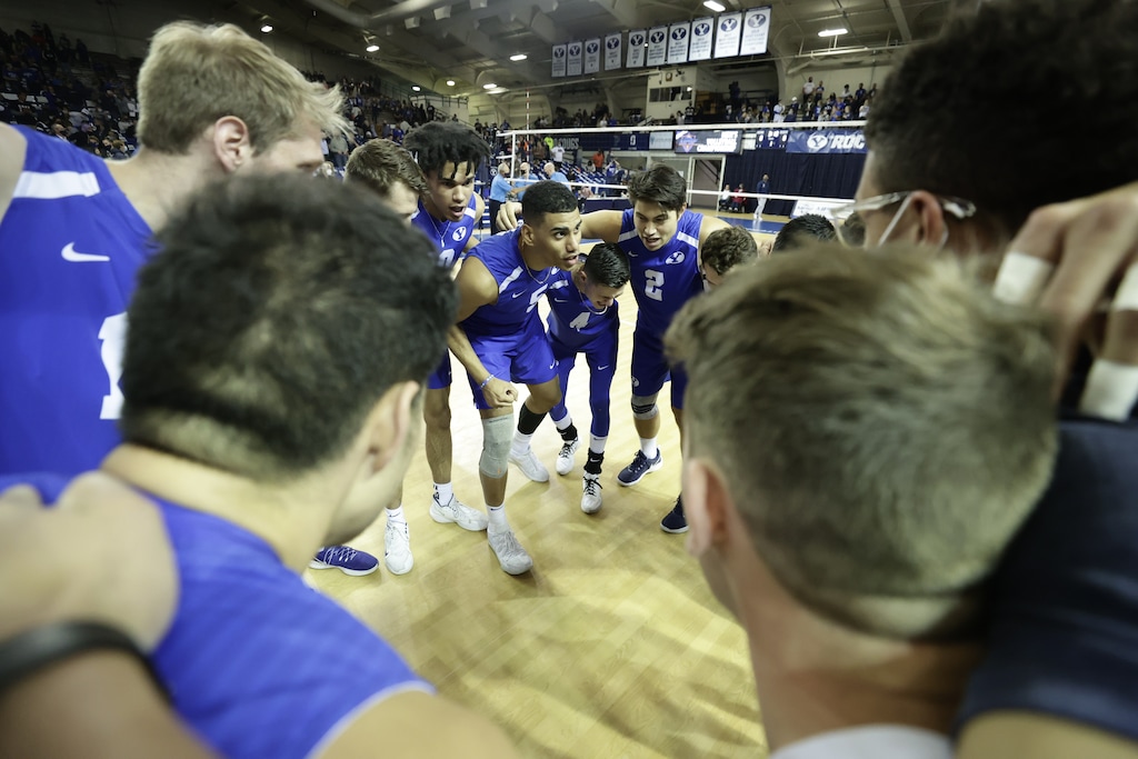(Jaren Wilkey|BYU Photo) Gabi Garcia Fernandez, center, talks to his teammates during a timeout during the MPSF Championship game against Pepperdine on Saturday, April 24, 2021.