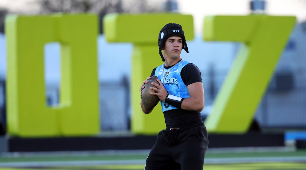 (Richard W. Rodriguez | AP) Cold Hearts quarterback Ryder Lyons (3) throws a pass against the City Reapers in an OT7 Football game Saturday, March 15, 2025 in Dallas.