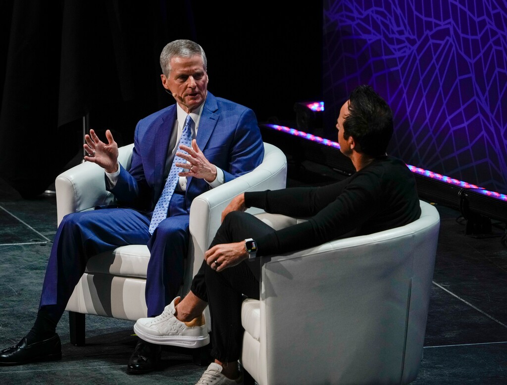 (Bethany Baker | The Salt Lake Tribune) Apostle David A. Bednar of The Church of Jesus Christ of Latter-day Saints, left, spent part of his session at the Silicon Slopes Summit on Sept. 28, 2023, discussing the church's finances with Utah Jazz owner Ryan Smith.