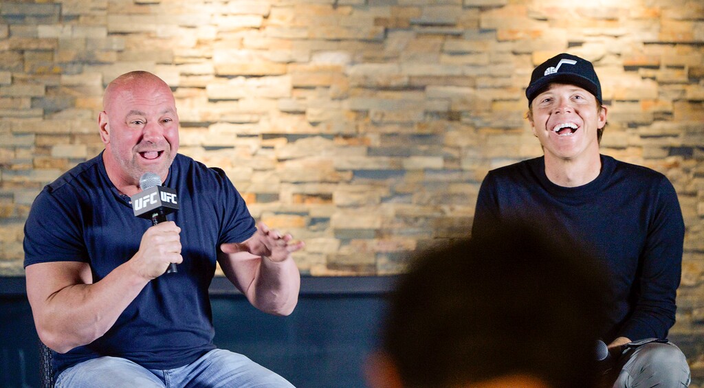 (Chris Samuels | The Salt Lake Tribune) UFC president Dana White, left, and Utah Jazz owner Ryan Smith conduct a news conference ahead of a mixed marital arts event UFC 278 at Vivint Arena, Tuesday, June 21, 2022.