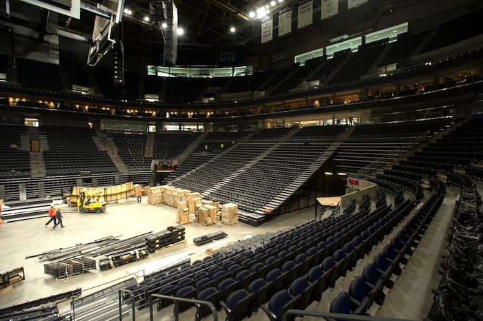 (Rick Egan  |  The Salt Lake Tribune)  Workers put the finishing touches on the remodel of the Vivint Smart Home Arena, It should be finished in one more week. Friday, September 15, 2017.


