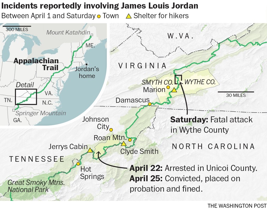 Incidents involving James Louis Jordan along the Appalachian Trail