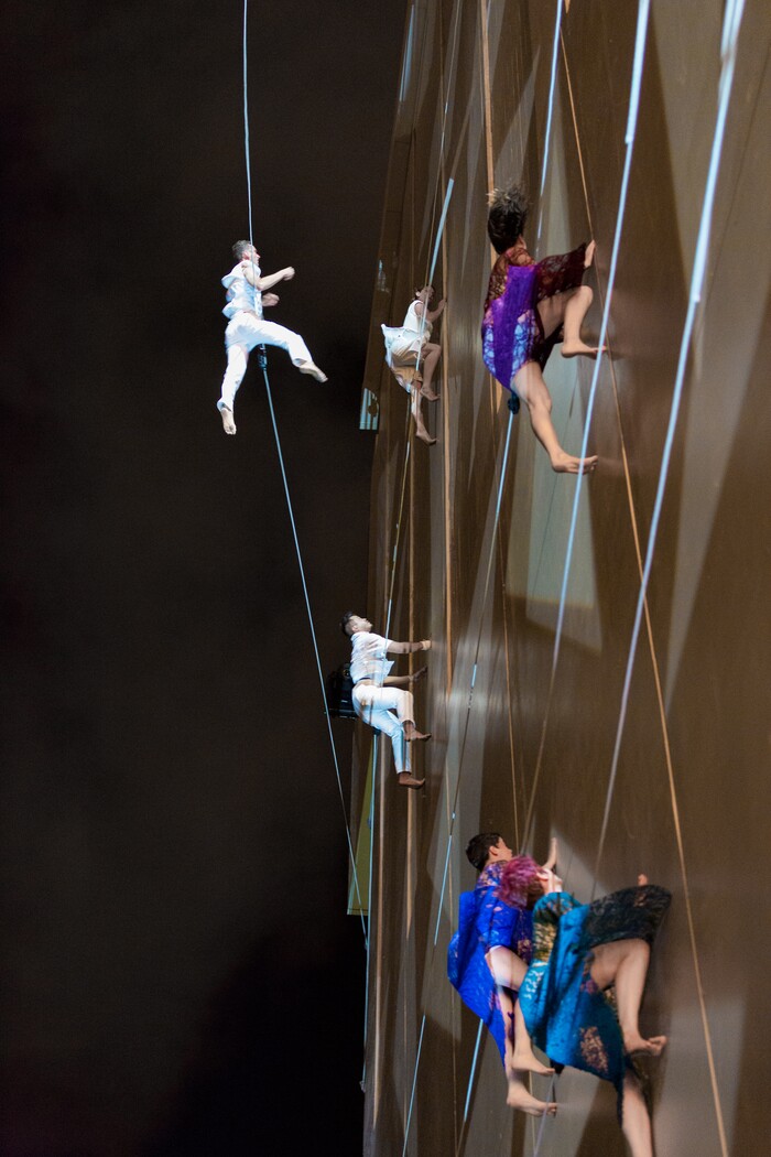 Photo courtesy of Jim Stone) Oakland, Calif.-based “vertical dance” company BANDALOOP performs at the San Francisco Public Canvas event. BANDALOOP will be appearing at the Utah Arts Festival June 21-24, and will perform twice daily (5:30 and 7 p.m.) on the six-story library glass wall above the reflecting pool.