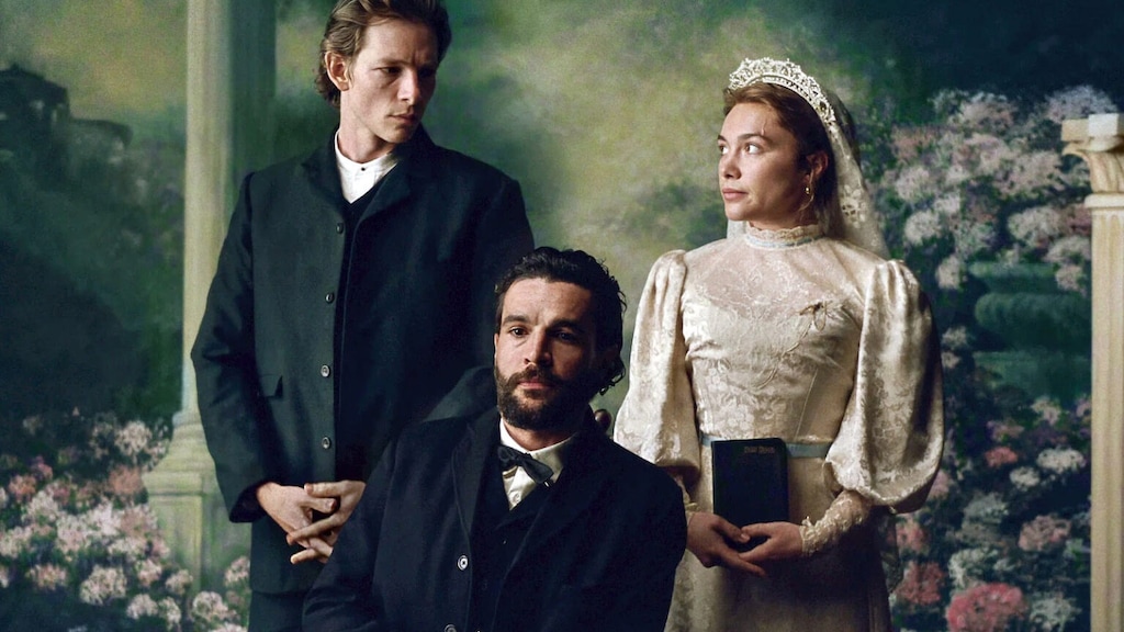 (Netflix via RNS) Mike Faist as Charles Trask, left, Christopher Abbott as Adam Trask and Florence Pugh as Cathy Ames in Netflix’s “East of Eden.”