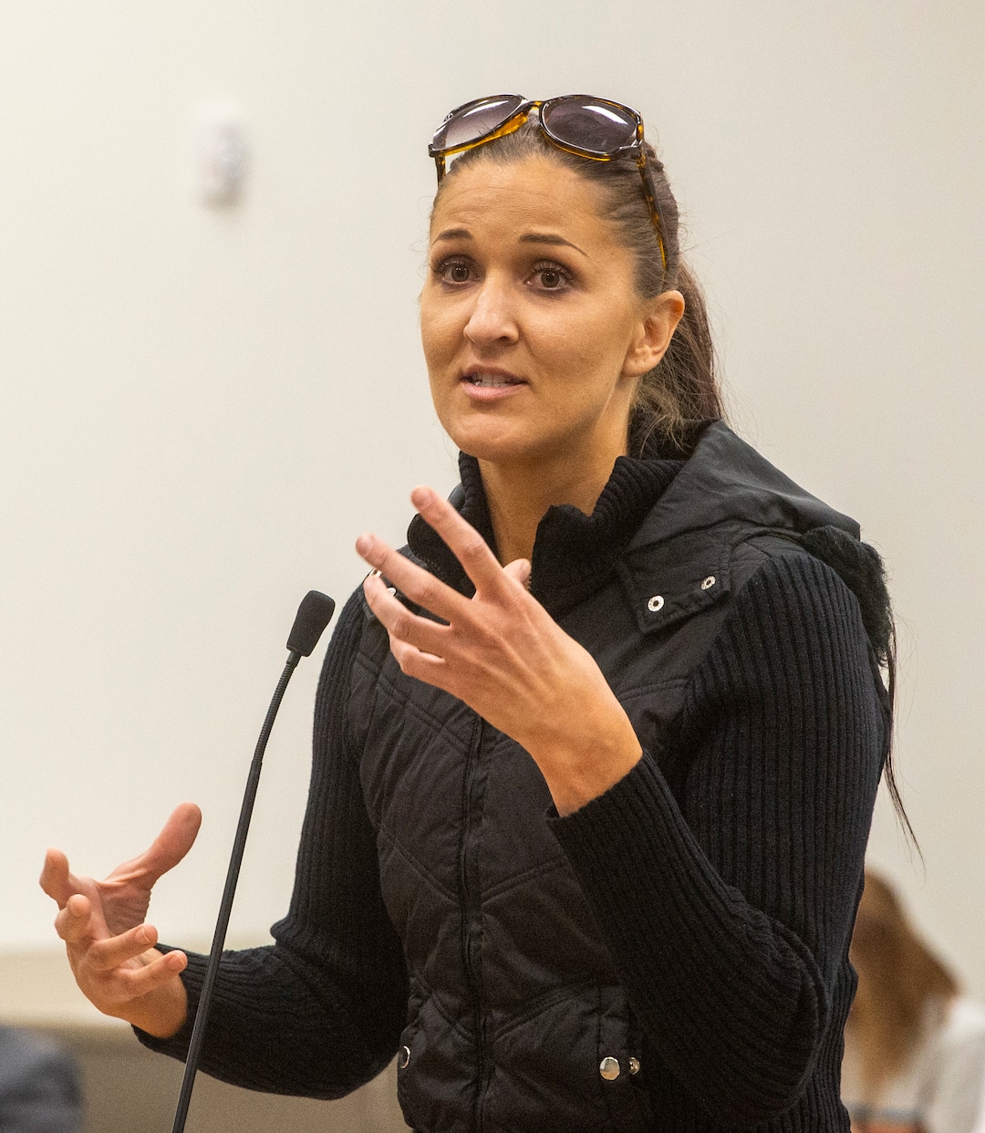(Rick Egan  |  The Salt Lake Tribune)   Emily Haverfield speaks during the public comment period, during the Jordan School Board meeting about the 17 Covid-19 cases at Riverton High School, on Wednesday, Sept. 16, 2020.